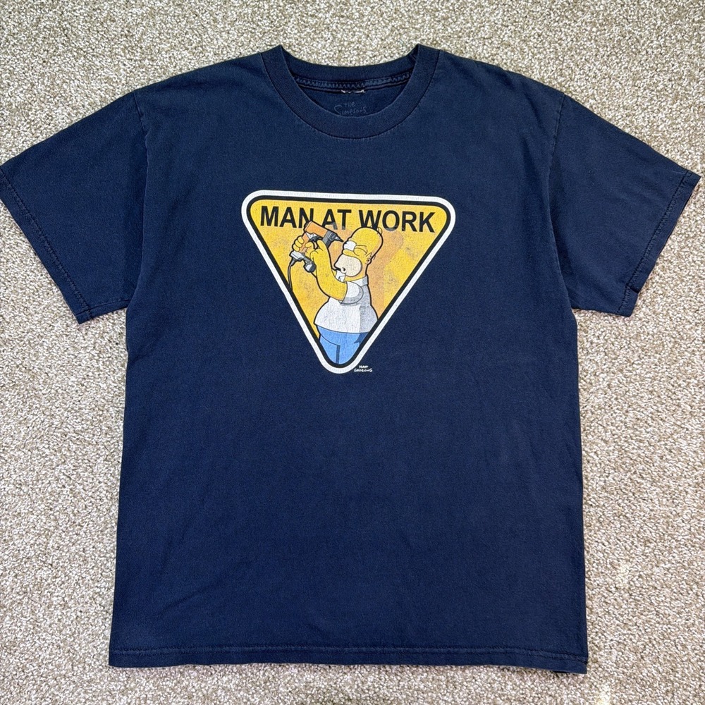Vintage Homer Simpson Shirt Humor Construction Parody Size L Navy Blue